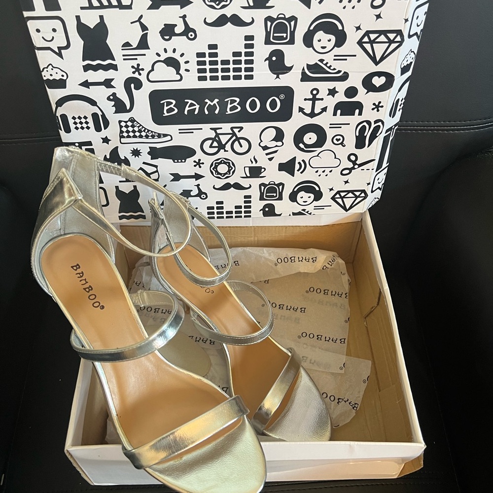 BAMBOO Silver Stiletto Sandals with Ankle Strap